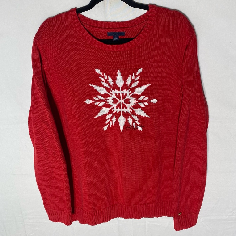 Tommy Hilfiger Red Cotton Knit Snowflake Crew Neck Sweater XXL Preppy Y2K